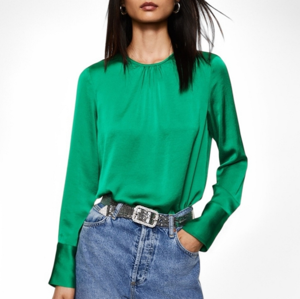 MANGO MNG Green Satin Gathered Neck Long Sleeve Blouse Size US 14